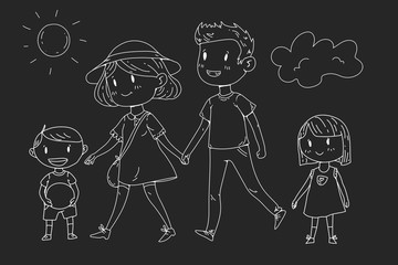 Young happy family walking in park with little children