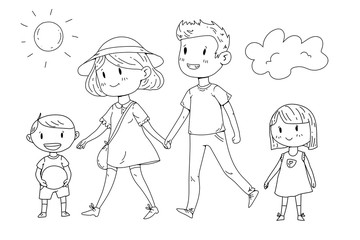Young happy family walking in park with little children