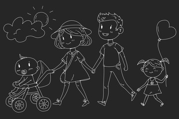 Young happy family walking in park with little children