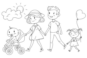 Young happy family walking in park with little children