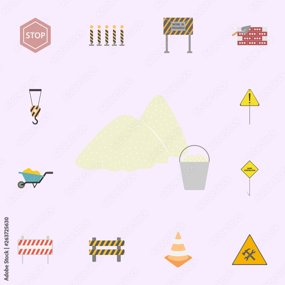 Poster building sand and bucket colored icon. building materials icons universal set for web and mobile