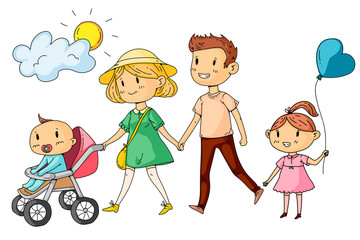Young happy family walking in park with little children
