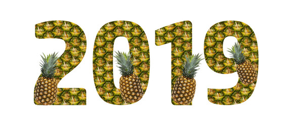 2019 made from pineapple on a white background. Tropical fruit pineapple diet summer food
