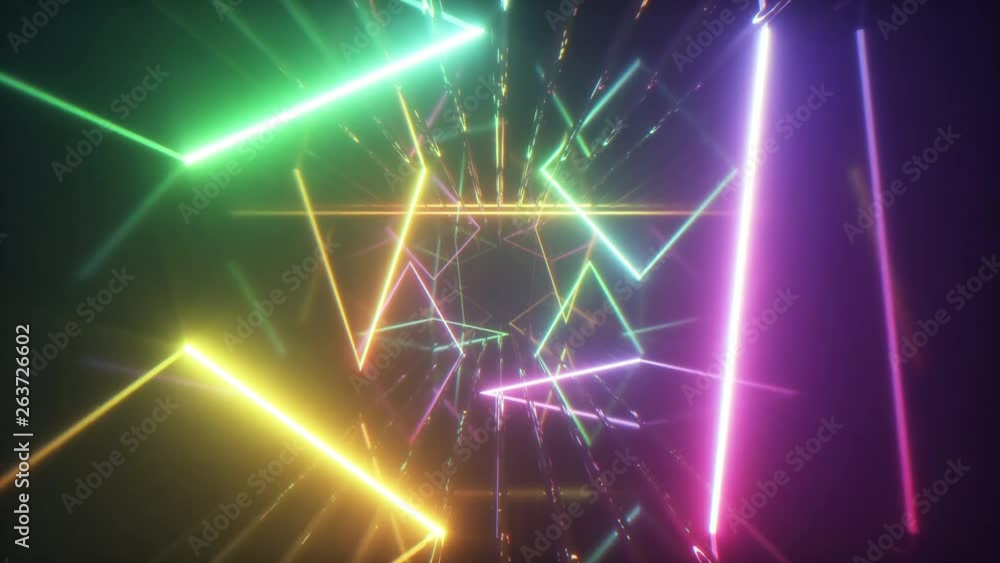 Poster flying through glowing neon lines creating a tunnel, multicolored spectrum, modern colorful lighting