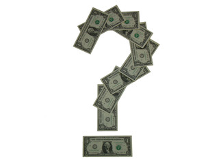 Question mark laid out of one US dollar banknotes. Isolated on white background. The concept of...
