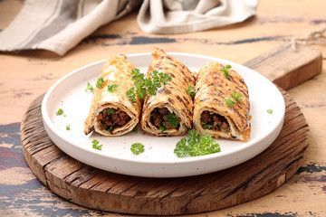 Jewish matza on Passover.Matzo stuffed with meat and parsley