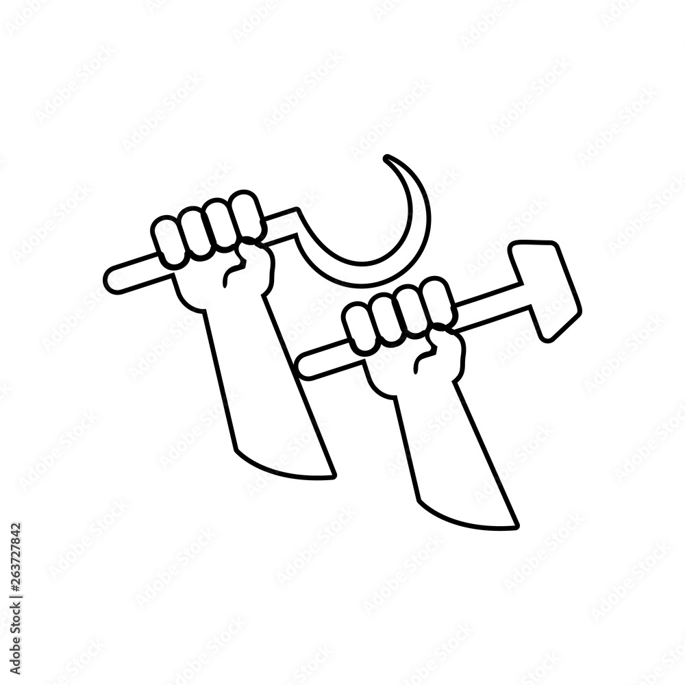 Aufkleber hands holding a sickle and a hammer icon. element of communism capitalism for mobile concept and web