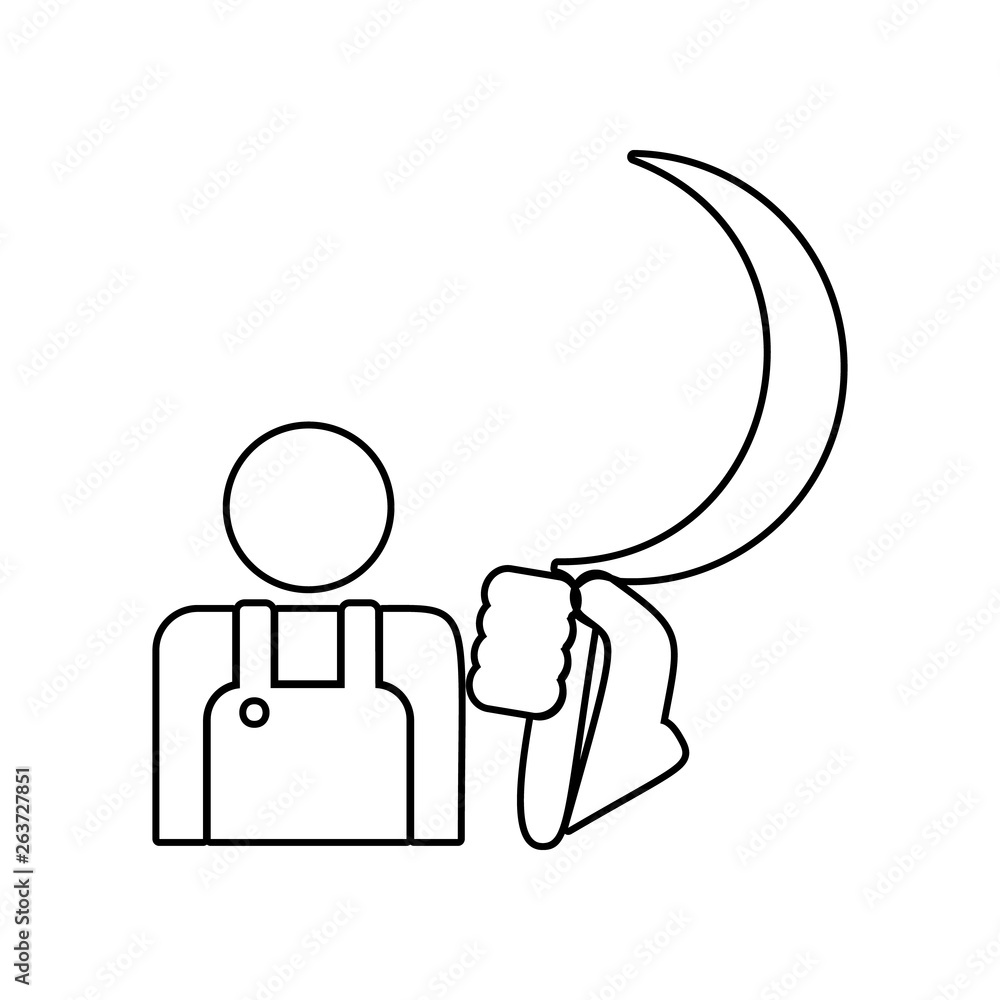 Poster worker and hand with a sickle icon. element of communism capitalism for mobile concept and web apps 