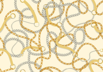 Seamless Baroque print with golden realistic chains, belts for fabric design. Seamless  vector pattern