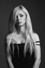 Portrait of the blonde young woman. Black and white