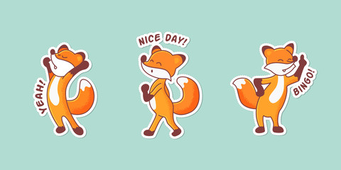 Set of three hand-drawn foxes. Colorful patch badges with animals' emotions. Sticker pack with captions: yeah, nice day, bingo. Morning Stretch, whistling and vigorous fox, pointing to the sky. Part 3