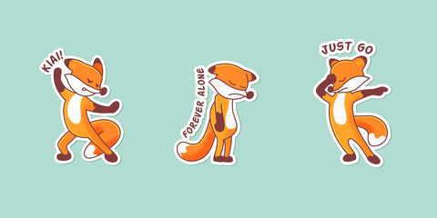 Set of three hand-drawn foxes. Colorful patch badges with animals' emotions. Sticker pack with captions: kiai, forever alone, just go. Karate fox, sad character and banishing someone animal. Part 5.