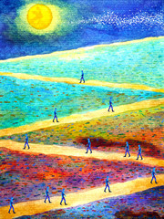 Group of people with spirit powerful energy walking together on zigzag walkway during full moon night