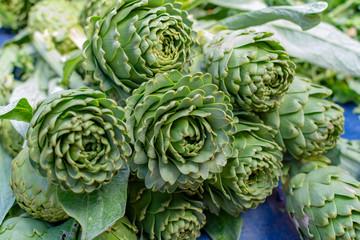 Obraz premium Bunch of fresh raw artichokes heads from artichoke plantation in Argolida, Greece on argicultural market in Nafplio