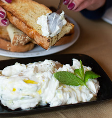 Tzatziki, dip from Southeast Europe and Middle East made of salted strained yogurt mixed with cucumbers, garlic, salt, olive oil, vinegar or lemon juice, and dill, mint, parsley and thyme.