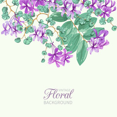 Floral background with border of exotic flowers and tropical leaves