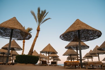 Lounge chairs and straw umbrellas at the beach in Malaga. Costa del Sol, Andalusia, Spain