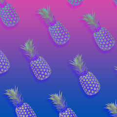 Pineapples toned image stylized neon light. Tropical background for design.