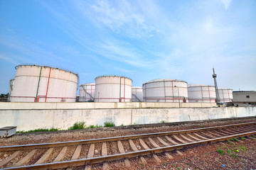 Big white gasoline and oil industry background of railway transportation of storage tanks