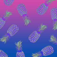 Pineapples toned image stylized neon light. Tropical background for design.