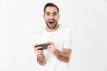 Handsome cheerful man wearing blank t-shirt