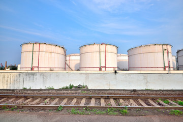 Big white gasoline and oil industry background of railway transportation of storage tanks