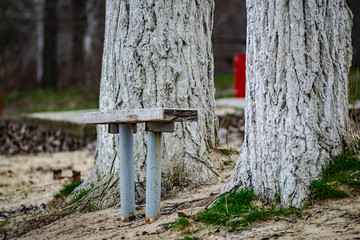 Small wooden old bench, with peeling paint in the sand on the beach among nature and trees