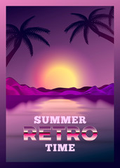 Fototapeta na wymiar Vector poster design template in 80s retro futurism style, with futuristic computerized sun over the river and mountains, with palms. Summer time journey concept.