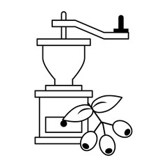 Coffee grinder with coffee beans and leaves in black and white