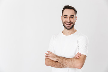 Handsome cheerful man wearing blank t-shirt