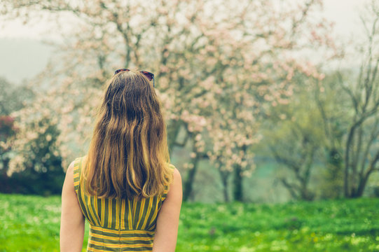 Young woman looking at cherry blossom