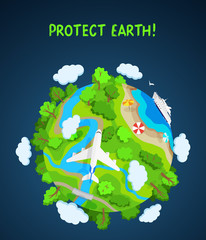 Earth protect concept, planet globe with trees, rivers and clouds
