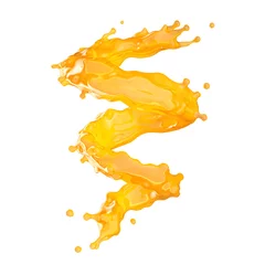 Poster Sweet fresh orange fruit juice splash swirl. Fruits juice splashing - tangerine, lemon, pineapple, peach, mango juice in spiral form isolated on white. Healthy drink concept. 3D render © Corona Borealis