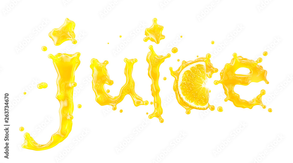 Fototapete juice splash with droplets and orange slice in the form of word 