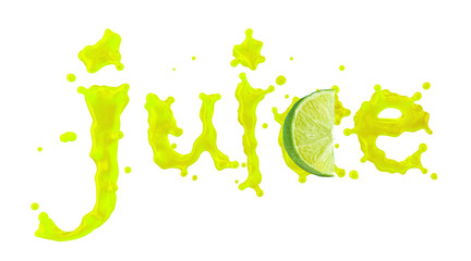 Fresh lime juice splash with droplets and lime slice in the form of word 