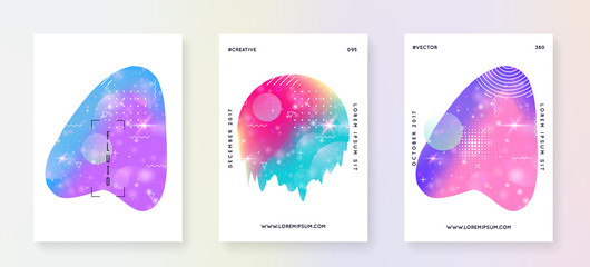 Music poster. Minimal cover template set for techno party. Fluid holographic gradient shape and line. Electronic sound. Night dance holiday. Music poster and flyer for summer fest.
