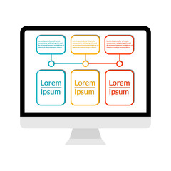 Modern computer display with Infographic data visualization template with 3 options and place for text. For process chart, report, banner, workflow, business presentation. Vector EPS 10 illustration