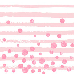 Wedding glitter confetti with dots on pink stripes. Shiny random falling sequins with sparkles. Template with pink wedding glitter for party invitation, bridal shower and save the date invite.