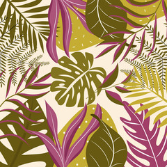 Background with green and purple tropical leaves. Vector design.