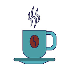 Warm coffee mug on plate isolated blue lines