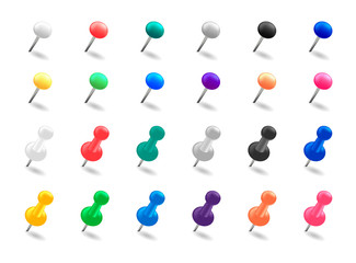 .A set of push pins. Thumbtack pins colored.