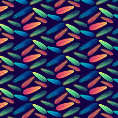 Colored seamless pattern with blue, green, orange and red feathers