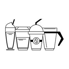 Various coffee beverages cups different containers in black and white