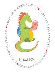 Hand drawn Cartoon cute Dragon with book character - Vector