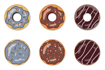 Fototapeta premium Set of delicious colorful donuts. Tasty bakery product. Food design. Vector illustration.