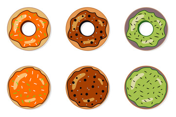 Fototapeta premium Set of delicious colorful donuts. Tasty bakery product. Food design. Vector illustration.