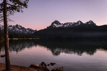 redfish lake mountain range at sunset