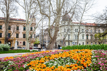 Obraz premium ZAGREB, CROATIA - APRIL, 2018: Beginning of spring at the beautiful Zrinjevac park the oldest of the lower town in Zagreb capital of Croatia