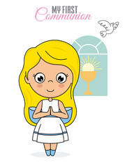 First communion card. Praying girl