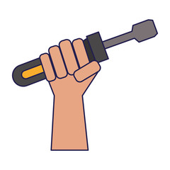 Hand holding screwdriver working repair blue lines